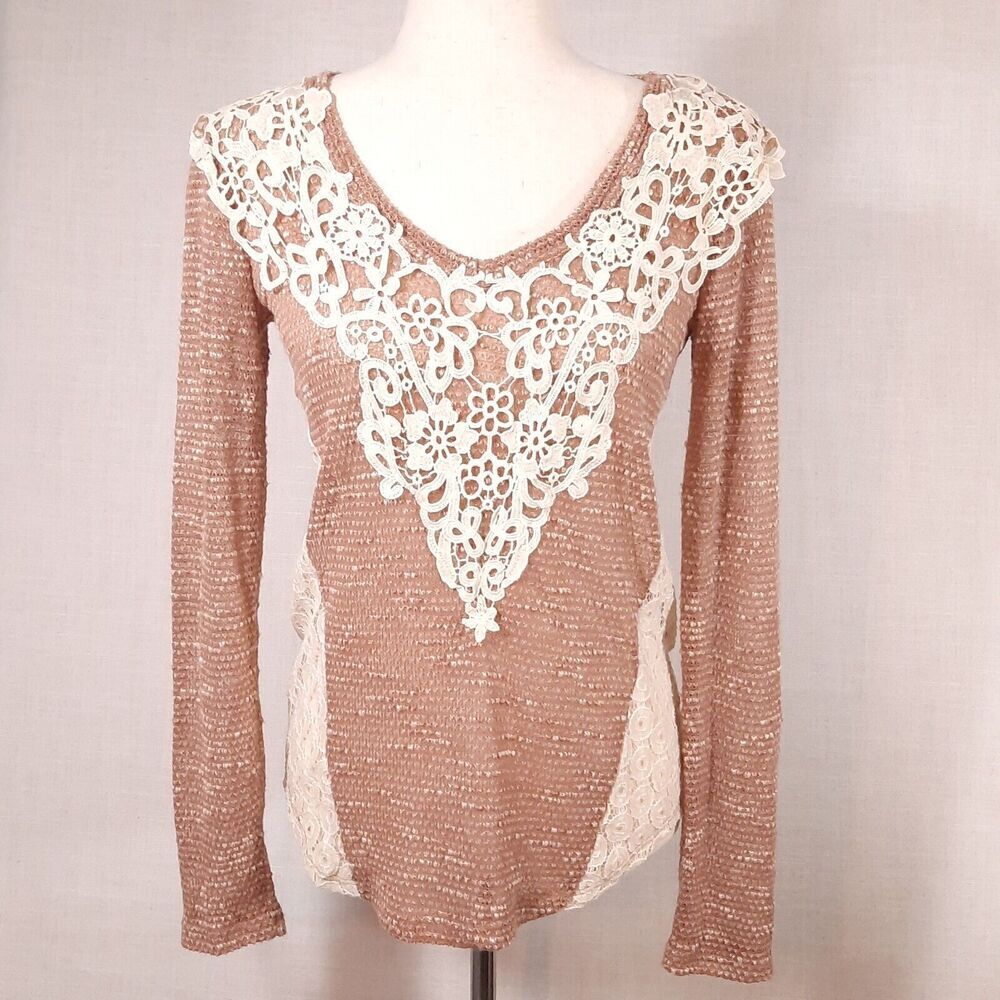 Daytrip Women's Sweater Size Small Sheer Knit with Lace Neckline & Side Panels